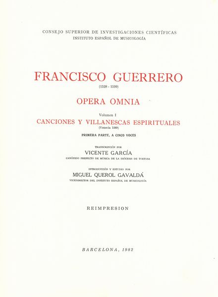 Opera Omnia, Vol. I : Canciones Y Villanescas Espirituales (Venecia, 1589).