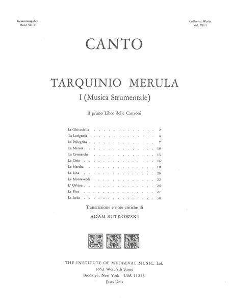 Tarquinio Merula, Collected Works, Vol. 1 : Il Primo Libro Delle Canzoni A Quattro Voci, 1615.