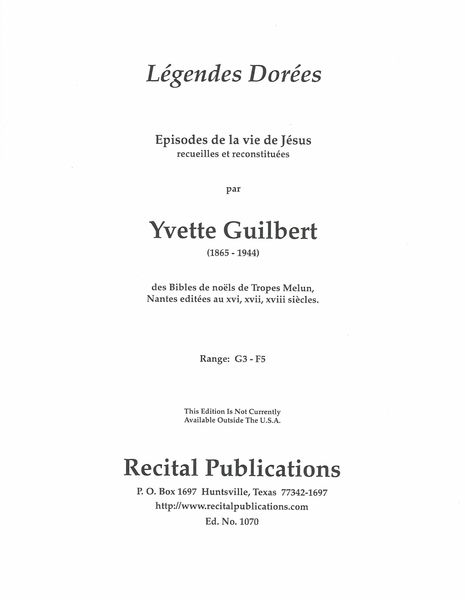 Legendes Dorees : Episodes De La Vie De Jesus For Voice And Piano.