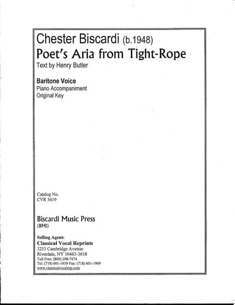 Poet's Aria (From Tight-Rope) : For Baritone Voice And Piano (1985).