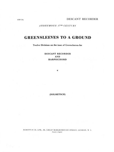 Greensleeves To A Ground : Descant Recorder Part.