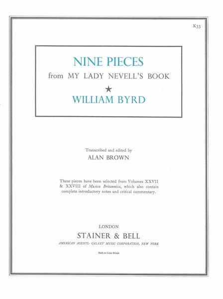 Nine Pieces From My Lady Nevell's Book / edited by Alan Brown.