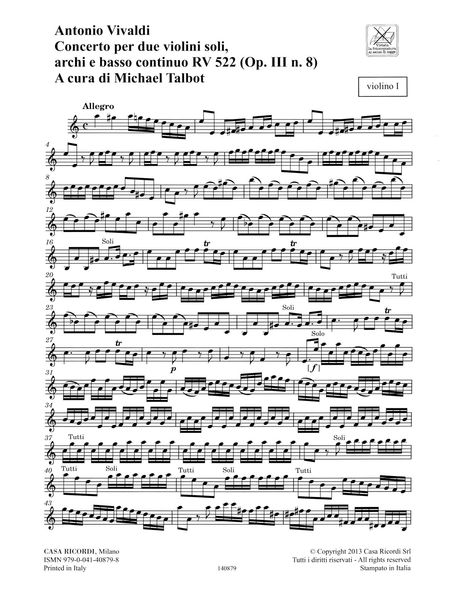 Concerto In A Minor, RV 522 : For 2 Violins, Strings and Basso Continuo / Ed. Michael Talbot.