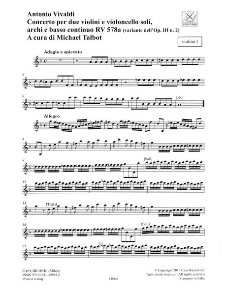 Concerto In G Major, RV 578a : For 2 Violins, Cello, Strings & Basso Continuo / Ed. Michael Talbot.