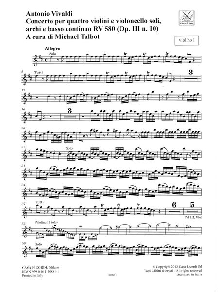 Concerto In B Minor, RV 580 : For 4 Violins, Cello, Strings and Basso Continuo / Ed. Michael Talbot.