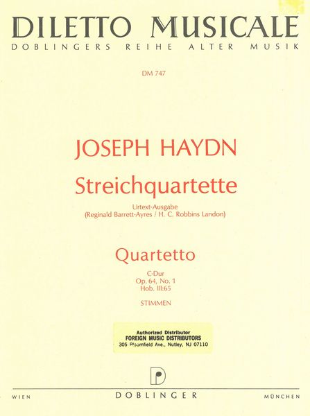 Streichquartett C-Dur Hob. III:65, Op. 64 No. 1 / Hrsg. von R. Barrett-Ayres & H.C. Robbins Landon.