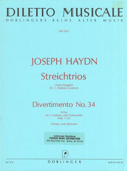 Divertimento Nr. 34 In A-Dur Hob. V:A2 : Für Two Violinen und Violoncello.