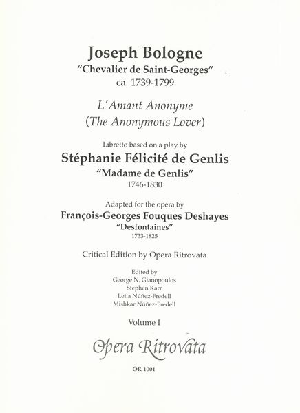 L' Amant Anonyme : Critical Edition by Opera Ritrovata.