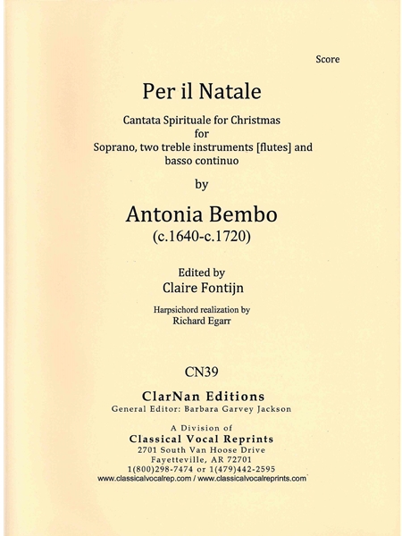 Per Il Natale - Cantata Spirituale For Christmas : For Soprano, 2 Treble Instruments & B.C.