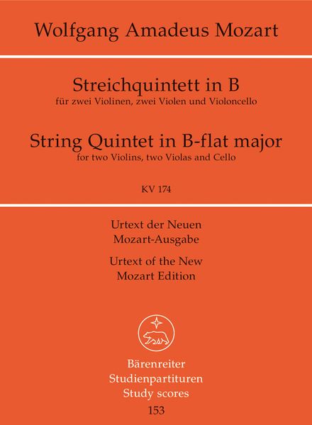 String Quintet In Bb Major, K. 174 / edited by Ernst Hess.