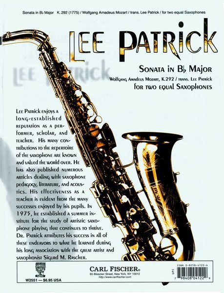 Sonata In Bb Major, K. 292 : For Two Equal Saxophones / transcribed by Lee Patrick.