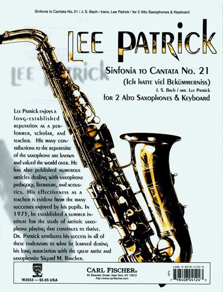 Sinfonia To Cantata No. 21 : For 2 Alto Saxophones and Keyboard / arranged by Lee Patrick.