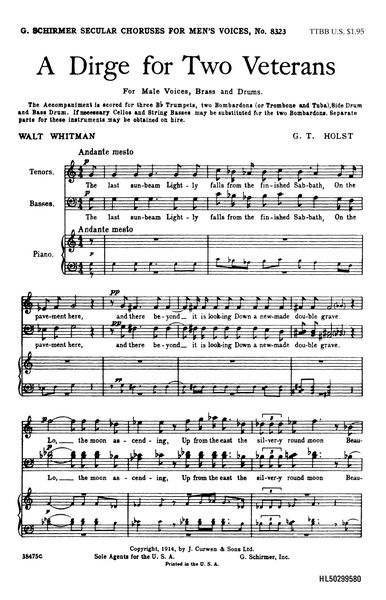 Dirge For Two Veterans : For Male Voices (TTBB), Brass and Drums.