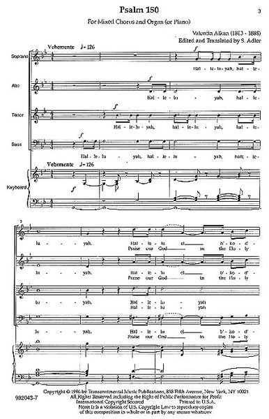 Hallelujah (Psalm 150) : For SATB Chorus and Keyboard. Ed. Samuel Adler.