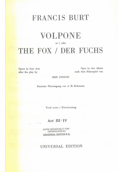 Volpone (Or The Fox) - Opera In Four Acts : Act III-IV.