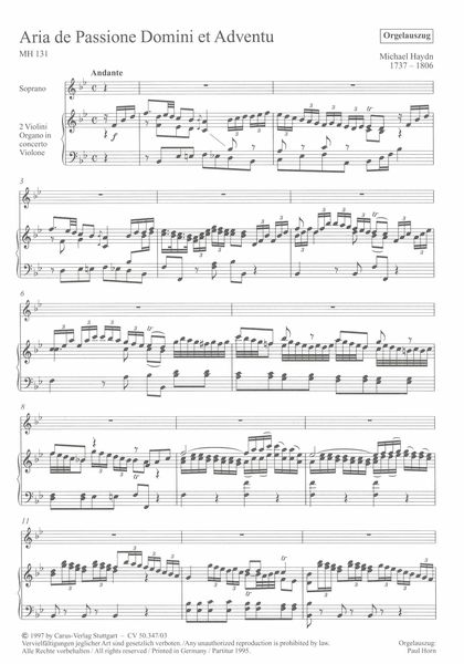 Aria De Passione Domine Et Adventu, MH 131 : For Solo Soprano (Or Tenor) and Organ.