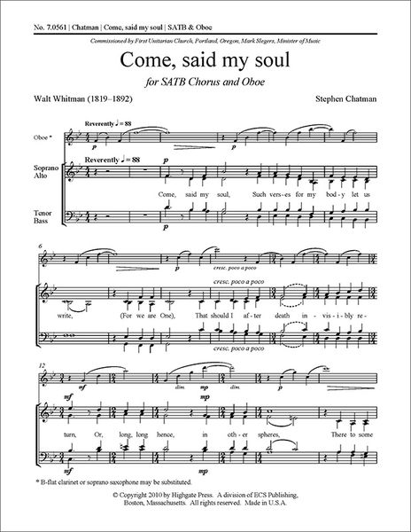 Come, Said My Soul : For SATB Chorus and Oboe.