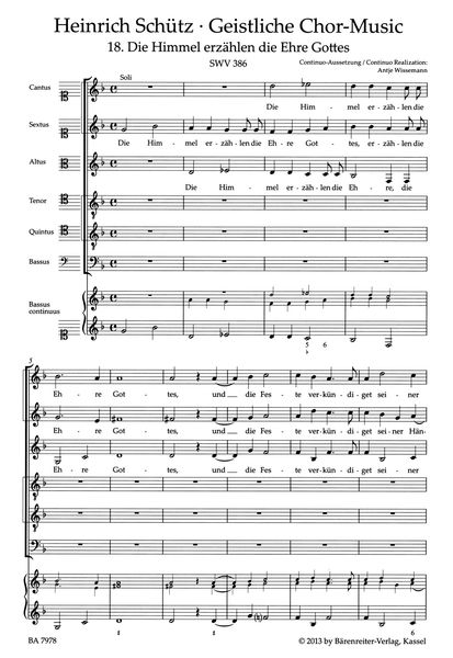 Geistliche Chor-Music, Nr. 18 : Die Himmel Erzählen Die Ehre Gottes, SWV 386 / Ed. Werner Breig.