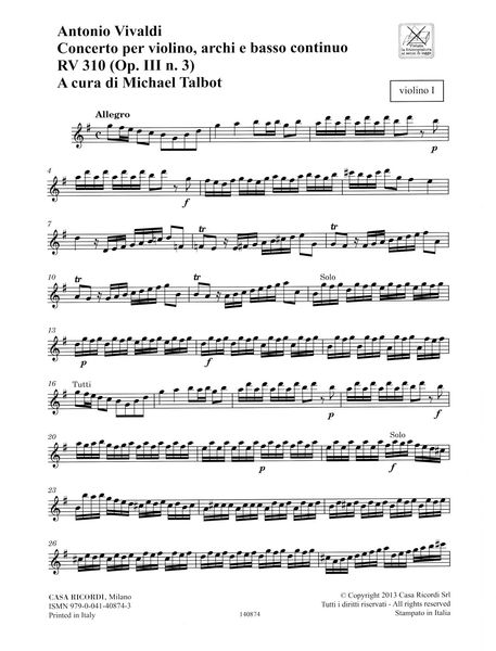 Concerto In G Major, RV 310 : For Violin, Strings and Basso Continuo / Ed. Michael Talbot.