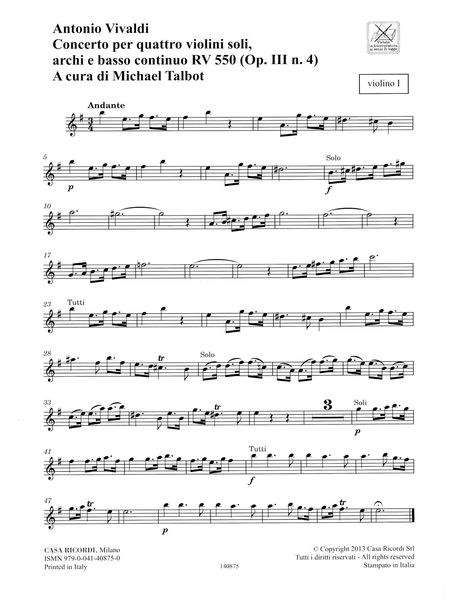 Concerto In E Minor, RV 550 : For 4 Violins, Strings and Basso Continuo / Ed. Michael Talbot.