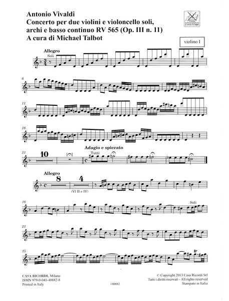 Concerto In D Minor, RV 565 : For 2 Violins, Cello, Strings and Basso Continuo / Ed. Michael Talbot.