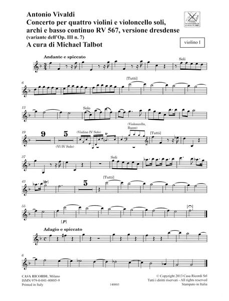Concerto In F Major, RV 567 : For 4 Violins, Cello, Strings and Basso Continuo / Ed. Michael Talbot.