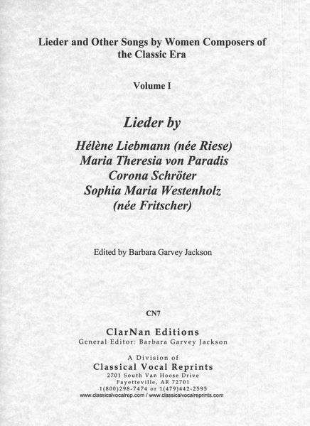 Lieder and Other Songs by Women Composers of The Classic Era, Vol. I / Ed. by Barbara G. Jackson.