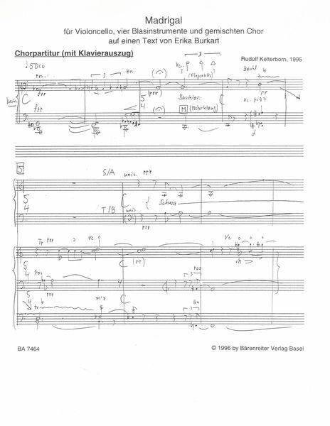 Madrigal : For Violoncello, Four Brass Instruments and Mixed Choir (1995).