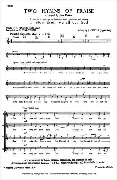 Now Thank We All Our God : For SATB and Brass Or Orchestra.