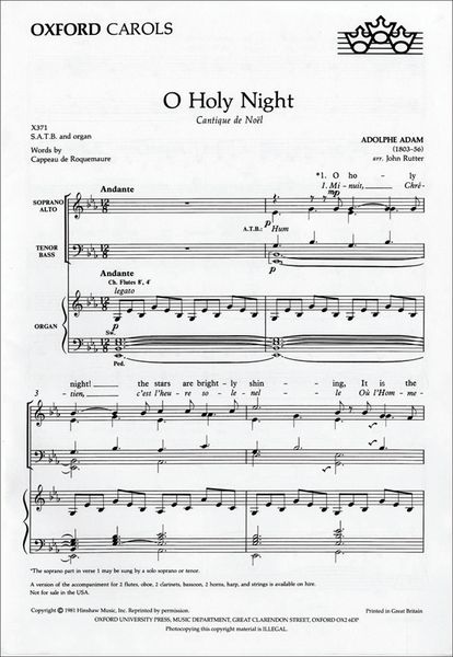O Holy Night (Cantique De Noel) : For SATB and Organ Or Orchestra / arr. John Rutter.