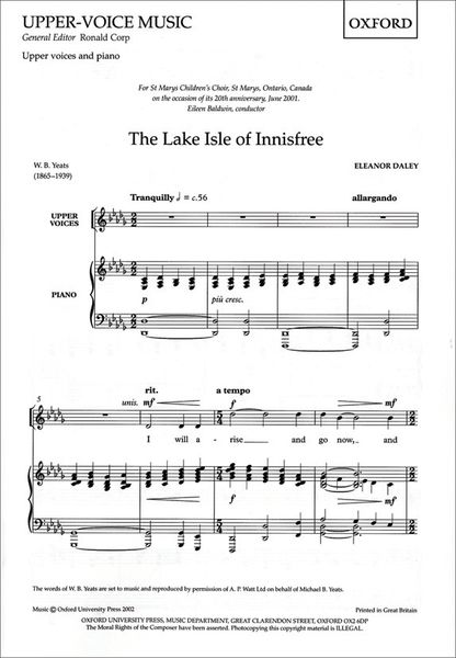 Lake Isle of Innisfree : For SSA and Piano.