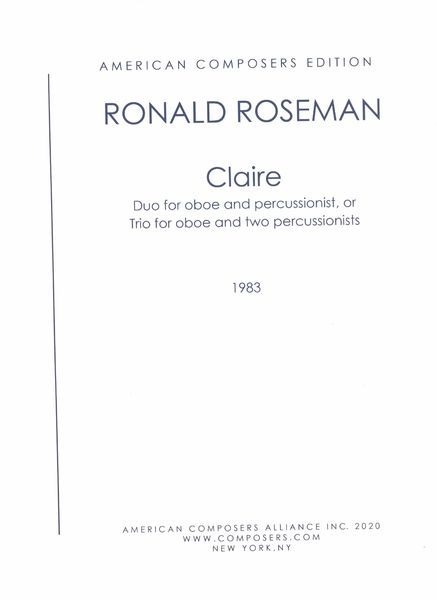Claire : Duo For Oboe and Percussionist Or Trio For Oboe and Two Percussionists (1983).