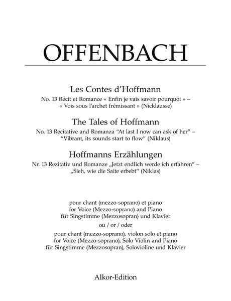 Contes d'Hoffmann - No. 13 Récit et Romance : Pour Chant (Mezzo-Soprano), Piano et Violin Ad Lib.