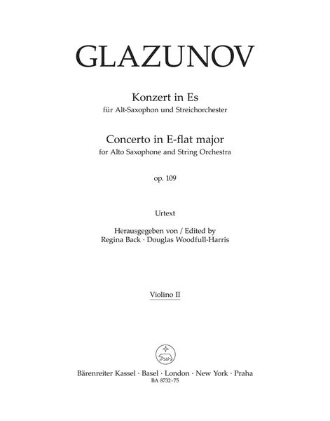 Konzert In Es, Op. 109 : Für Alt-Saxophon und Streichorchester / Ed. Back, Woodfull-Harris.