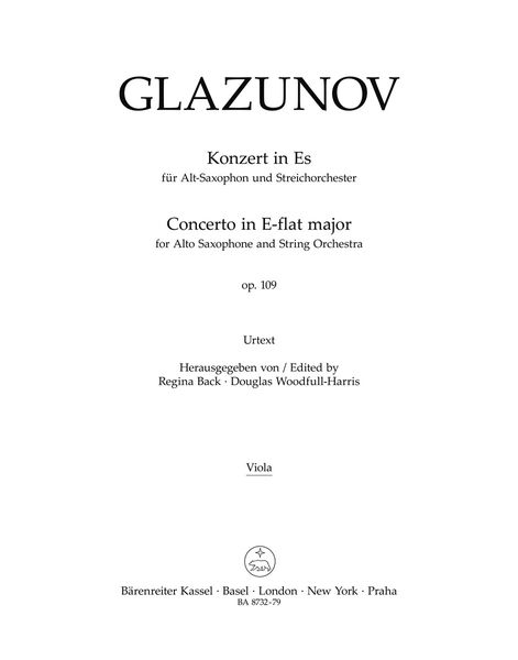 Konzert In Es, Op. 109 : Für Alt-Saxophon und Streichorchester / Ed. Back, Woodfull-Harris.