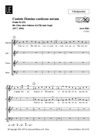 Cantate Domino Canticum Novum, Psalm 95 : For Choir Or Soloists (SATB) and Organ.