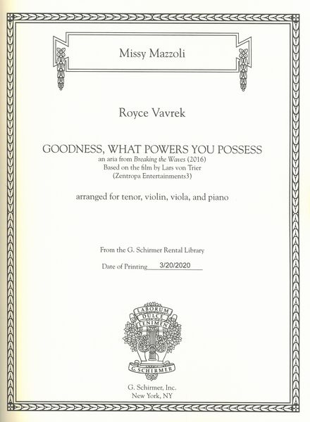 Goodness, What Powers You Possess : For Tenor, Violin, Viola and Piano.