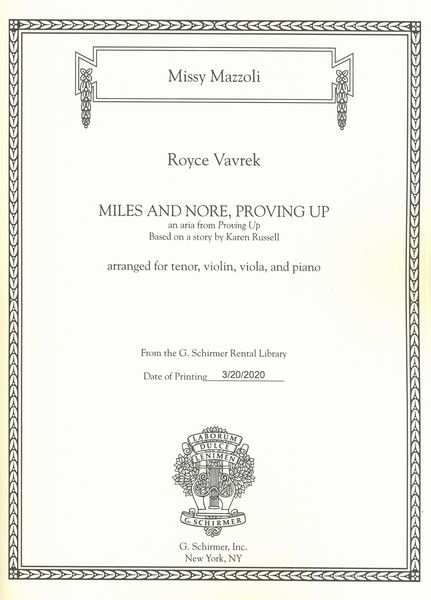 Miles and Nore, Proving Up - An Aria From Proving Up : For Tenor, Violin, Viola and Piano.