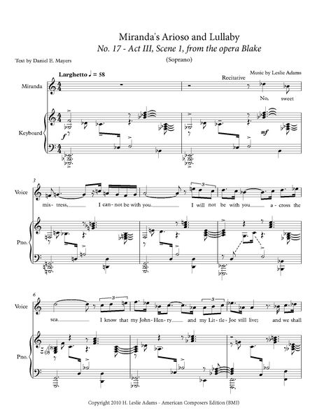 Blake - Miranda's Arioso and Lullaby : For Soprano and Piano [Download].