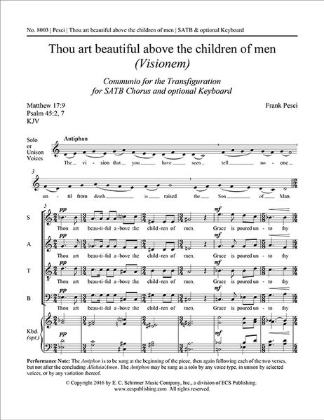 Thou Art Beautiful Above The Children of Men (Visionem) : For SATB Chorus and Optional Keyboard [Dow