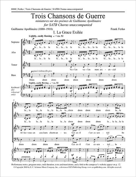 Trois Chansons De Guerre : For SATB Chorus Unaccompanied (2012) [Download].