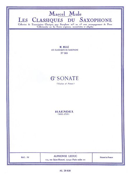 6e Sonate : Pour Violon Et Piano / arranged For Saxophone and Piano by Marcel Mule.