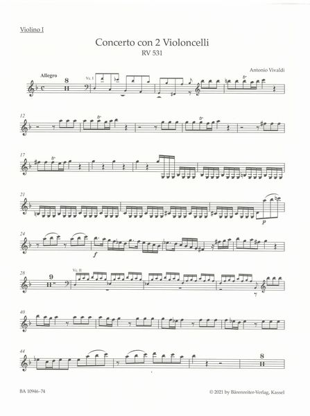 Konzert In G-Moll, Rv531 : Für Zwei Violoncelli, Streicher und Basso Continuo / Ed. Bettina Schwemer