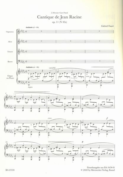 Cantique De Jean Racine, Op. 11 (N 42a) : For SATB Choir and Organ Or Piano.