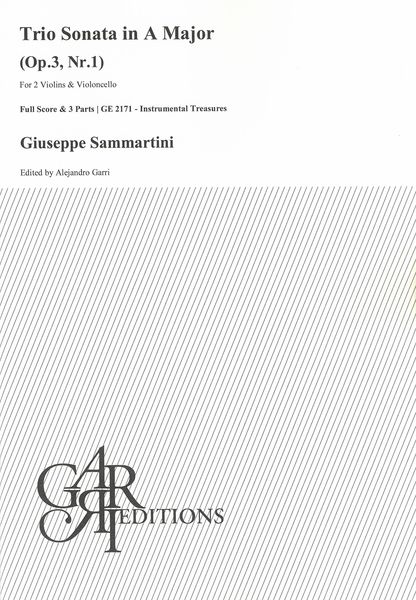 Trio Sonata In A Major, Op. 3, Nr. 1 : For 2 Violins and Violoncello / edited by Alejandro Garri.