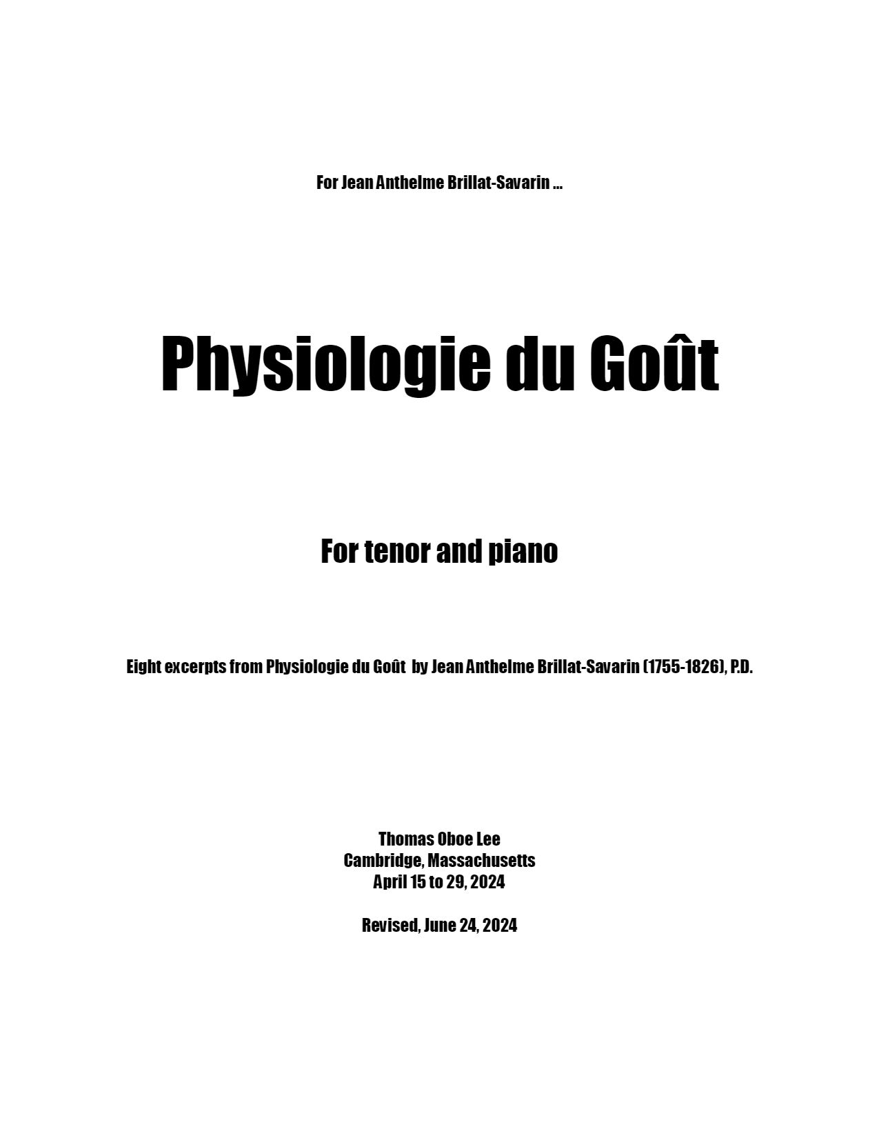 Physiologie Du Goût : For Tenor and Piano (2024).