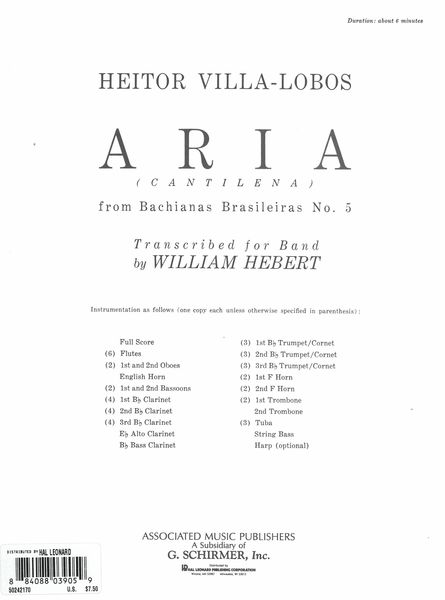 Aria From Bachianas Brasileiras No. 5 : For Band / transcribed by William Hebert.